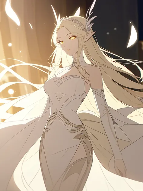 1woman, exquisite, artistic, elven, arknight white princess, glowing yellow eyes, white blonde hair, elegant, arknight outfits,