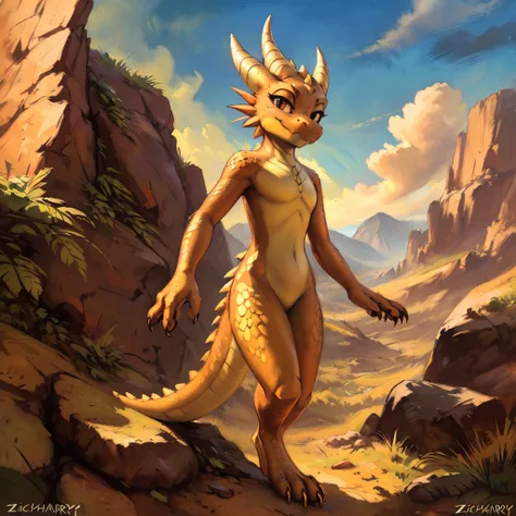 (((by zackary911, by kenket, by kilinah))), solo female, bright gold skin, gold scales, (((gold kobold)), (detailed gold kobold)...