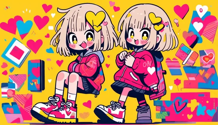 Masterpiece, top quality, Cute doodle, one girl, heart, shoes, yellow hair, bob cut, hair ornament, open mouth, solo, long sleeves, yellow eyes, smile, skirt, yellow background, jacket, socks, short hair, bangs, sneakers, blush