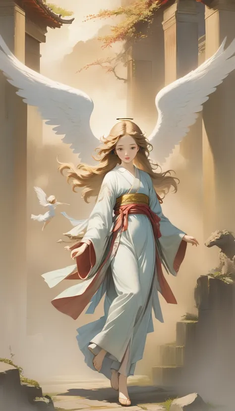 (masterpiece), (High resolution), (Very delicate), (masterpiece: 1.2, Highest quality),Ancient murals、Angel Descends from the Sky、Weathered mural、monochromatic、Angel descending to earth、Paradise、Beautiful woman leading to heaven、Cute face、Expressionless、 s...