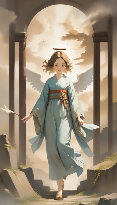 (masterpiece), (High resolution), (Very delicate), (masterpiece: 1.2, Highest quality),Ancient murals、Angel Descends from the Sky、Weathered mural、monochromatic、Angel descending to earth、Paradise、Beautiful woman leading to heaven、Cute face、Expressionless、 s...