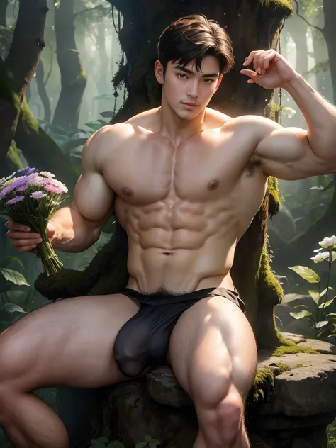 (Ultra current),Detailed current,A handsome Asian muscular young man, Guardians of the Forest, godly presence, young god, 18yr old, care for plants, The beautiful, Smooth dark brown hair, Detailed eyes, largeeyes, green-eyed, Warm and flexible ssmile, larg...