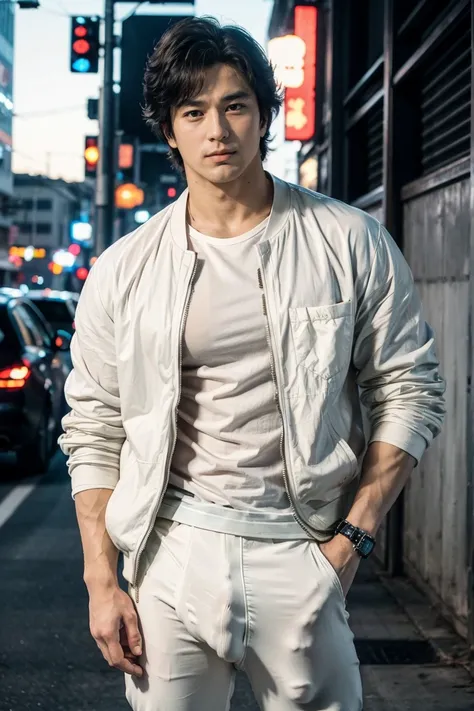 (saeba ryo city hunter )  ,Wearing white pants with big bulge,hand in pocket,white jacket,black shirts,big bulge with penis,exposed penis