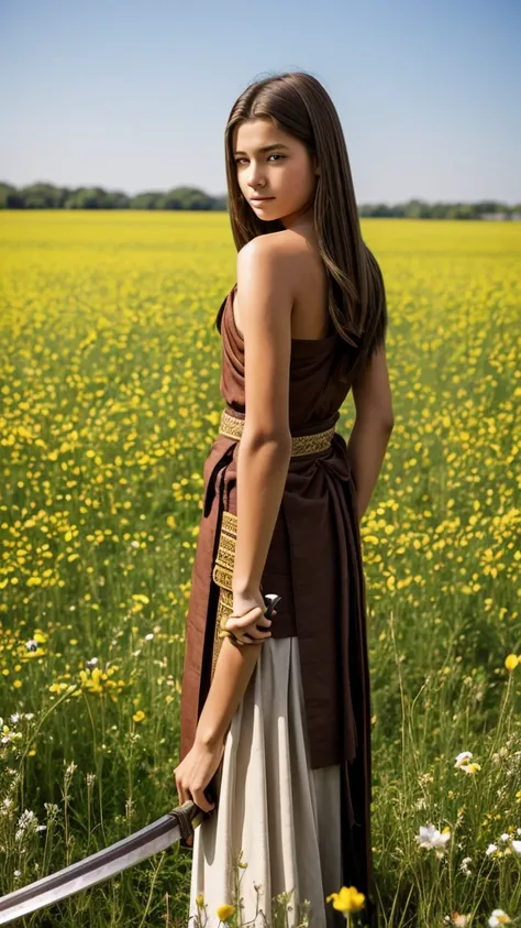 A 17-year-old girl with shoulder-length brown hair. On his back in ancient clothing while holding his katana with his right hand. Standing on a field of flowers. skinny