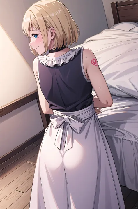 hayasakamama, 1girl, solo, blonde hair, blue eyes, looking at viewer, short hair, masterpiece, best quality,revealing maid uniform, garterbelt,frills, smile, Wearing a dog collar, Naughty tattoo on the belly, laying on the bed, lewd face, (sweating), tremo...