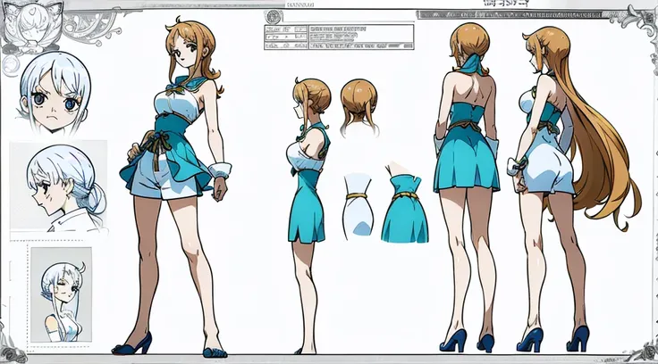 ((Best Quality)), ((Masterpiece)), (((detailed character sheet, frontal view, side view, three quarter view))) white background、one piece、Nami、whole body、whole bodyイラスト、whole bodyアニメーション、whole bodyリファレンスシート、