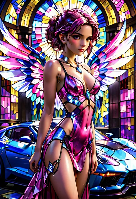 Arafed a ((stained glass artwork picture:1.5)) stained-glass, of a mech cyberpunk female angel standing in at the street at night near her sports car, night, an  exquisite beautiful cyberpunk female angel  wearing dark dress, wearing ((intricate glamour pi...