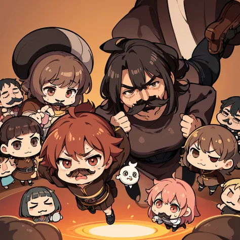 (((Chibi Character)))、(Full body character concept、Various poses、10 people)、Highest quality, Best Quality,Best illustrationiddle ages、(((Simple brown robe、Black shoes)))、(((40-year-old uncle、mature、Kaiser moustache、Hair length to shoulders)))、(Open your mo...