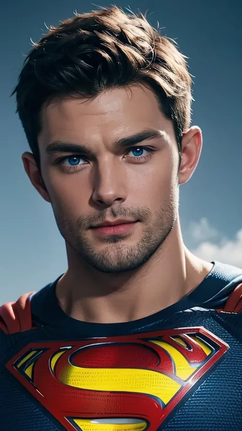 jamie dornan, ((men only)), (head shot), (face only), (handsome muscular man in his 20s), (superman), (superman, a fictional sup...