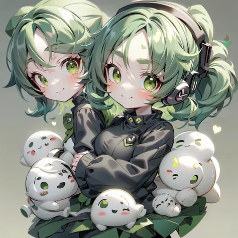 Chibi,ponytail,1 person,smile,headphone,high school girl,Green Hair,No sleeve,Black Pantyhose,highest quality,High resolution,Droopy eyes,Green Eyes,uniform,Straight bangs,Black and green outfit,Big Breasts,smile,mini skirt,Deformation