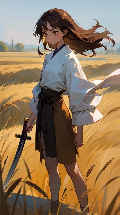 A 17-year-old girl with shoulder-length brown hair. turned around, wearing ancient clothes while holding his katana with his right hand. Standing on a wheat field. skinny.