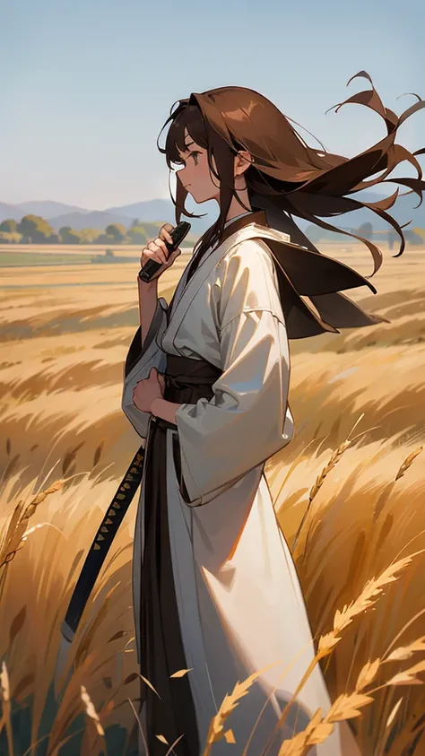 A 17-year-old girl with shoulder-length brown hair. turned around, wearing ancient clothes while holding his katana with his right hand. Standing on a wheat field. skinny.