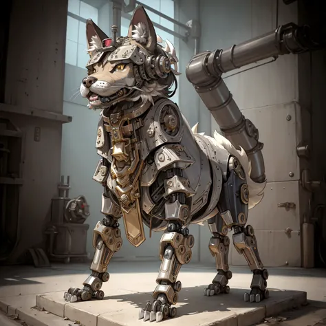 The building has a metal dog statue on its base., Armored Catの仲間, husky in shiny armor, Armored Cat, Steampunk dog, Cyborg dog, rendered in redshift, Steampunk ferret - a shaped mecha, Robot Lion, Industrial Mechanical Robot Dog, Highly detailed rendering,...