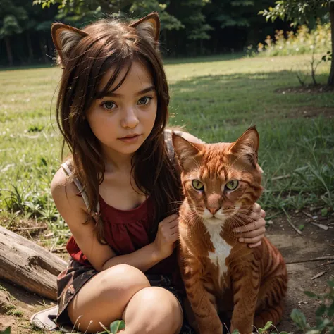 A little beautiful girl plays in beautiful nature with her favorite red cat.