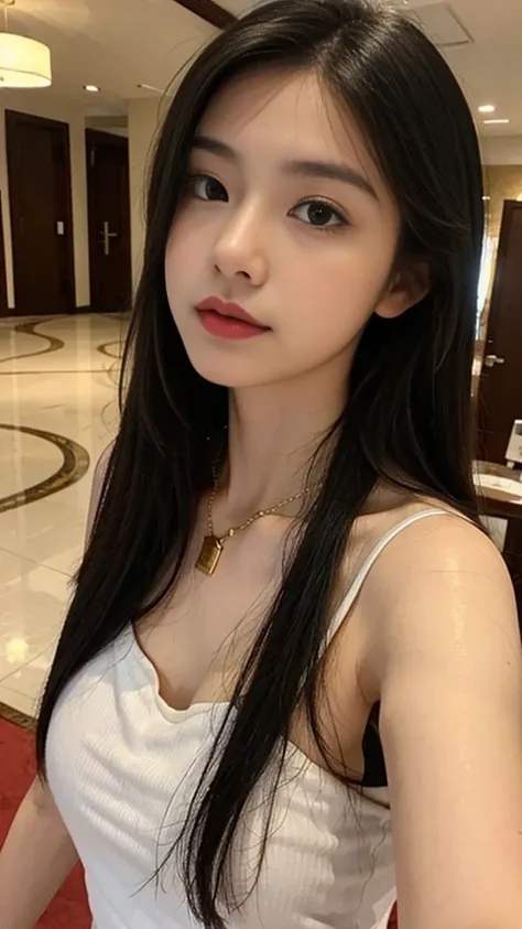 one girl,Beutiful women, Shoot with zoom, At the hotel, wear a white camisole,long hair, wear a golden necklace, raise the corners of the mouth,simple pose