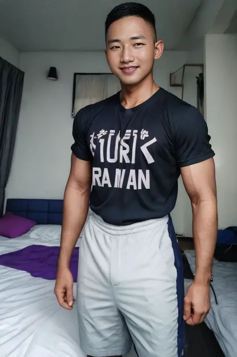 masterpiece, best quality, high resolution, realistic, handsome, photogenic, syahnk, SFW, a photo of a 35 year old room frat (man:1.2) portrait, standing in a bed room, military press, weights, stunning , short buzzcut hair,stubble head , (hypermuscle),loo...