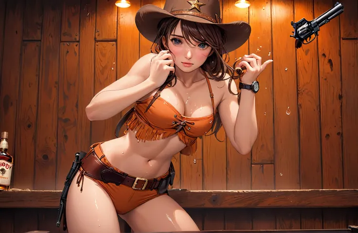 (((1 person:2.0))),(((NSFW:1.5))),(((wearing a bikini:1.5))),(((Brown swimsuit:1.5)))(((Wearing a gun belt with a holster:1.8))),,((Wear a watch on your wrist:1.5))),(((Showing cleavage))),(((Exposed thin inner thighs))),(((Small breasts:1.5))),(((Bare arm...