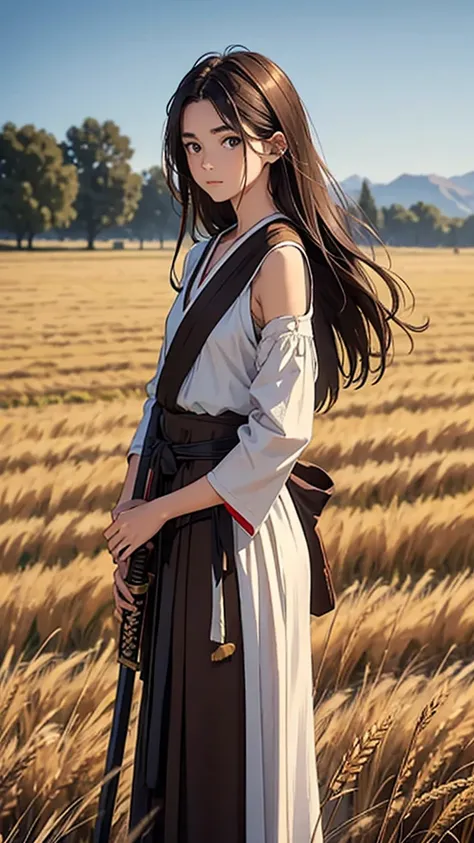 A 17-year-old girl with shoulder-length brown hair. turned around, wearing ancient clothes while holding his katana with his right hand. Standing on a wheat field. skinny.