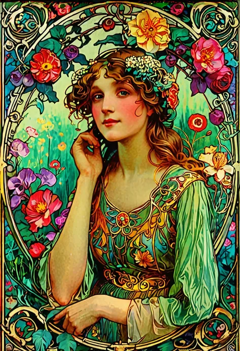 (best quality,4k,highres,ultra-detailed,masterpiece:1.2),Alfons Maria Mucha style illustration,lush garden with vibrant flowers,intricate botanical details,ornate Art Nouveau patterns,whimsical elegance,vibrant colors and natural beauty,pastel shades and g...