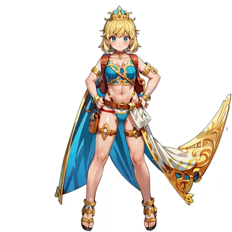 full body, whole body. 1solo (girl). slave fighter, loincloth standing, hands on hips, metal sandals, backpack, choker, big belt, view from below, feet together, bracers, tiara,Angel&#39;s wing
