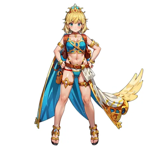 full body, whole body. 1solo (girl). slave fighter, loincloth standing, hands on hips, metal sandals, backpack, choker, big belt, view from below, feet together, bracers, tiara,Angel&#39;s wing
