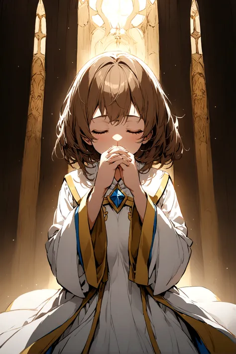 Priestess with brown hair and closed eyes praying and wearing white clothes