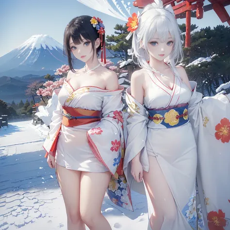 best quality, masterpiece, 

Three Japanese high-school short girls with cute style, 

looking straight ahead and striking a gutsy pose are standing (separately:1.4), side by side, 

wearing a striking(yellow, red, blue, green) kimono with a flower motif, ...