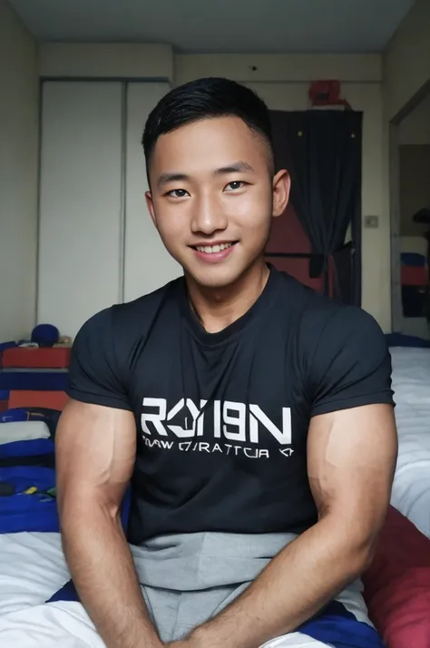 masterpiece, best quality, high resolution, realistic, handsome, photogenic, syahnk, SFW, a photo of a 35 year old room frat (man:1.2) portrait, sit in a bed room, military press, weights, stunning , short buzzcut hair,stubble head , (hypermuscle),looking ...