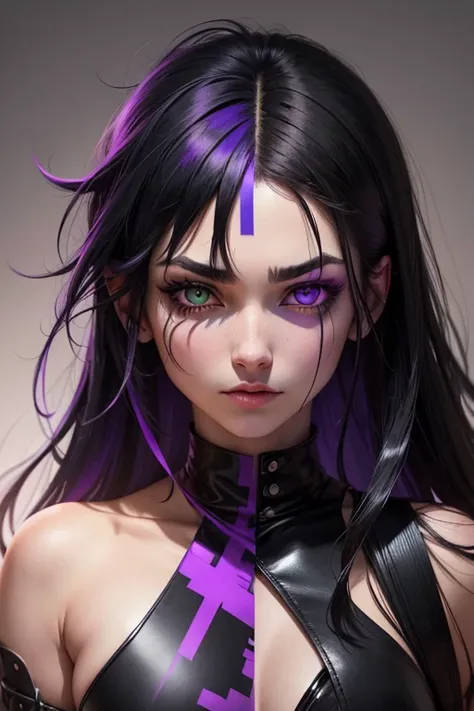 Black hair with dull purple gradient and green highlights, eyes with heterochromia, the right eye green and purple and the left eye black with a cross. With demons around.