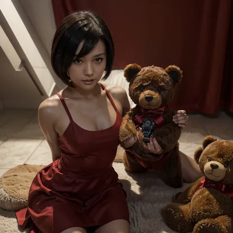 A photo of an 6-year-old Ada Wong wearing a red dress and holding a teddy bear. Slim, short black hair, brown eyes, fair skin. (Resident Evil video game style)