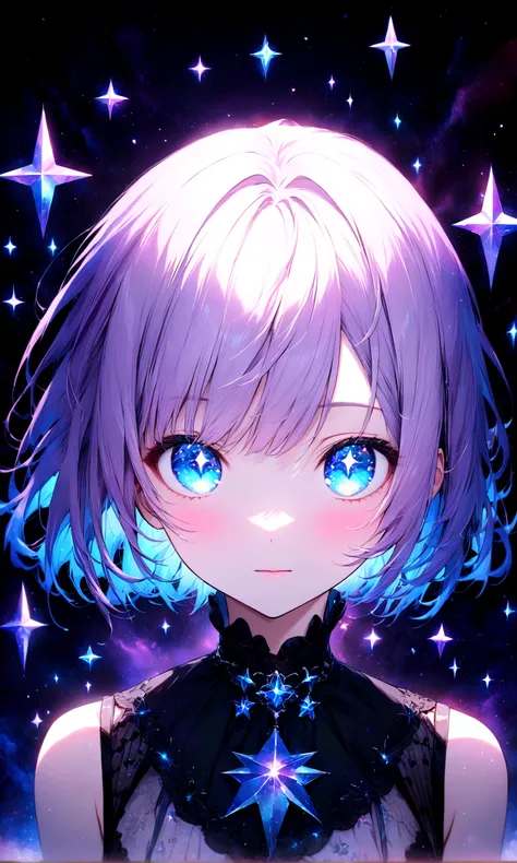 anime gile portrait,kawaii,fantastic style,one beautiful girl with starry eyes,Lavender purple hair, short bob, aqua blue eyes, cool, gothic lolitasurrounded by stars,eyes sparkling like stars,best quality,ultra detailed,ultra high definition,high resoluti...