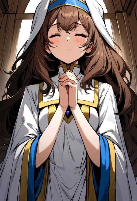 Priestess with long brown hair praying with eyes closed and wearing white robes