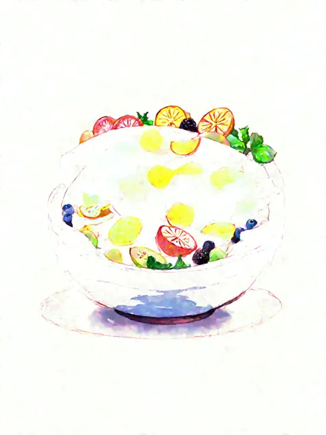 ((masterpiece)), 8k, super detail, award winning, highres, best quality, accurate,((best quality:1.2)), ((watercolor)), (((solid white background))), ((minimalist)), ((negative space)), a bowl full of fresh, healthy and vibrant color fruit salad, the bowl ...