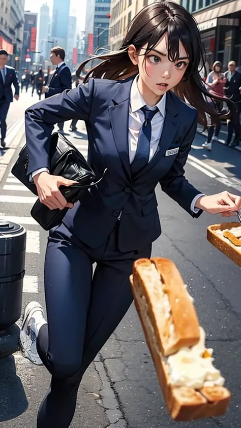 Wear a suit and run with a piece of toast in your mouth