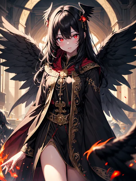 masterpiece, best quality, lineart, anime screencap, sketch, (1girl), black hair, long hair, (red eyes, red glowing eyes:1.4), bright pupils, sparkling eyes, solo, (black ornate robes, black embroidered clothes:1.4), (black wings, black angel wings, black ...