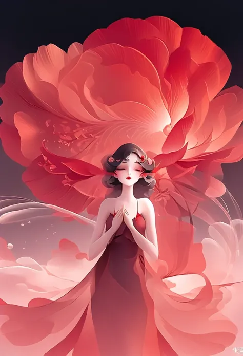 (masterpiece, best quality:1.2), 1 girl, solitary,pretty face，red fatism art nouveau，illustration style，black and red，flowers