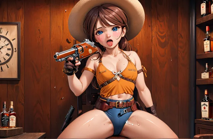 (((1 person:2.0))),(((NSFW:1.5))),(((wearing a bikini:1.5))),(((Brown swimsuit:1.3)))(((Wearing a gun belt with a holster:1.8))),,((Wear a watch on your wrist:1.5))),(((Showing cleavage))),(((Exposed thin inner thighs))),(((Small breasts:1.5))),(((Bare arm...