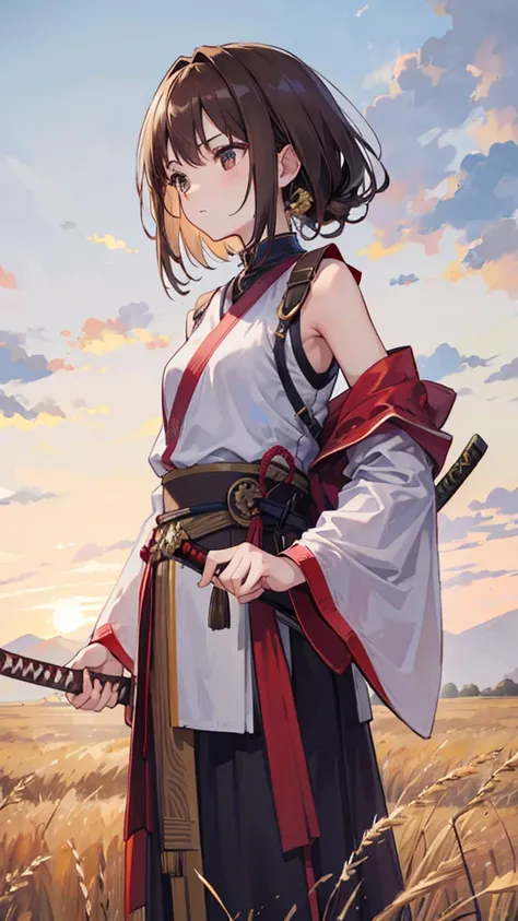 A 17-year-old girl with shoulder-length brown hair. turned around, wearing ancient clothes while holding his katana with his right hand. Standing on a wheat field. skinny, looking towards the horizon. His face is not seen.