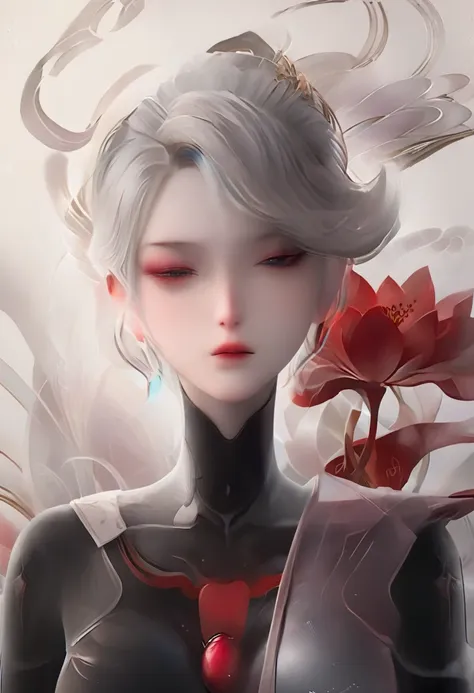 (masterpiece, best quality:1.2), 1 girl, solitary,pretty face，red fatism art nouveau，illustration style，black and red，flowers