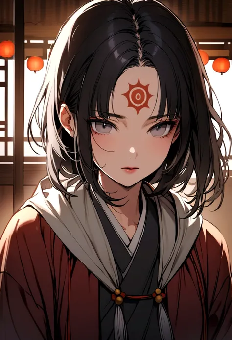 Girl in Korean clothes, gray, hooded eyes, long black hair and a sun mark on her forehead.