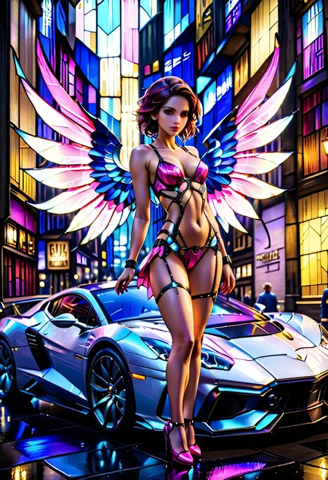 Arafed a ((stained glass artwork picture:1.5)) stained-glass, of a (mech cyberpunk female angel: 1.2) standing in at the street at night near her sports car, night, an  exquisite beautiful cyberpunk female angel  wearing dark dress, wearing ((intricate mec...