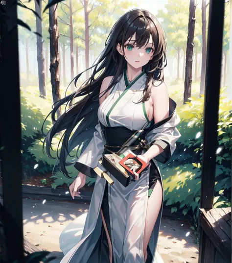 beautiful girl with dark brown wavy hair and long bangs, green eyes, wearing a black japanese-style dress with white pants, bare shoulders, slim figure, cold expression, in a combat scene, outdoors with a forest background, many trees and dark sky, (best q...