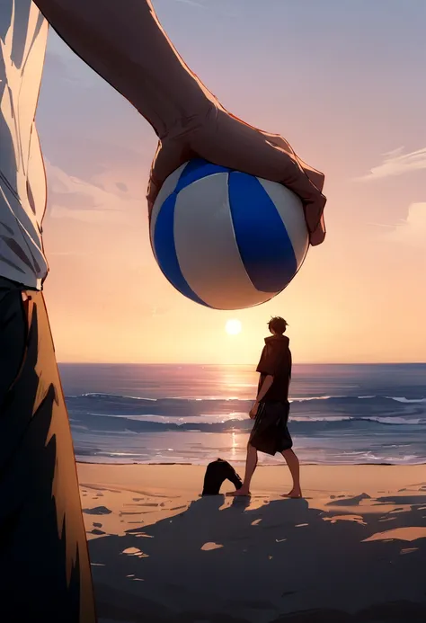  ((masterpiece, best quality, more detail)), ((1man)),  A 22 year old man, holding a beach volleyball in both hands below , Lean to the left 