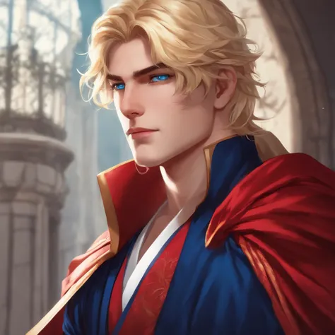 Blonde mid size hair,  blue eyes, red robe, anime male 