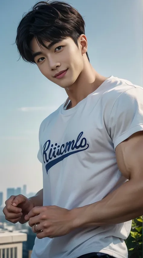 (As a matter of fact, Masterpiece, 8k HD, good light quality, sportswear, fit the face, complicated details), A handsome, muscular young Korean man. , 20 years old, be happy, smile brightly, detailed face, delicate eyes, มองดูsky, Wear casual clothes, peri...