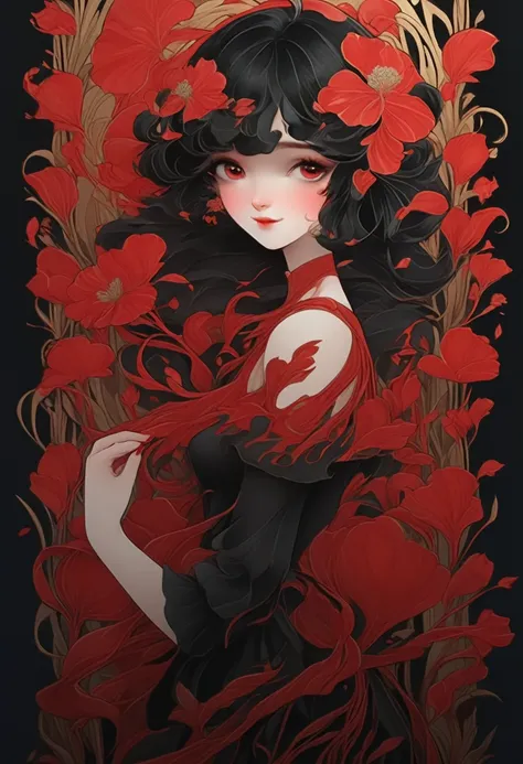 (masterpiece, best quality:1.2), 1 girl, solitary,pretty face，red fatism art nouveau，illustration style，black and red，flowers