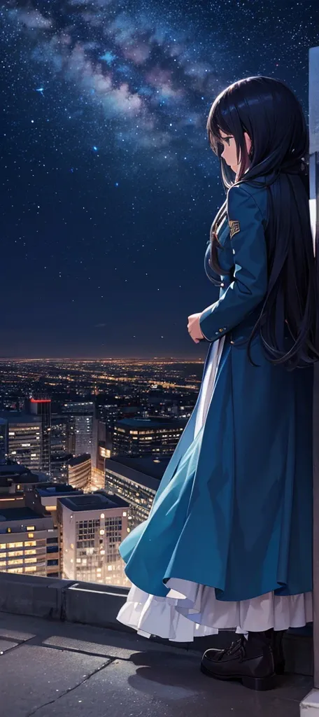 octans, sky, star (sky), scenery, starry sky, night, 1girl, night sky, solo, outdoors, building, cloud, milky way, sitting, tree, long hair, city, silhouette, cityscape  