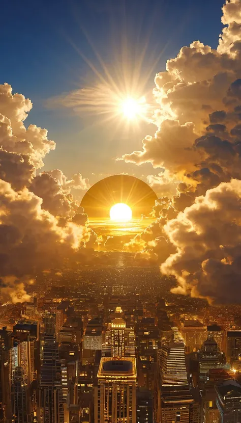 Warren Buffett, the shining gold of gold、空に向かって上昇するgod秘的な都市、Digital Art, The clouds clear and the shining sun appears, Ascension Day，Golden Sun、Sky City、god々Utopian、There is one relic。