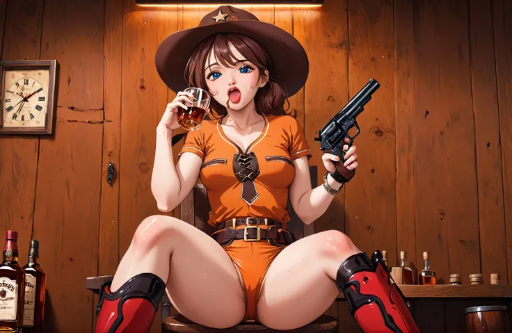 (((1 person:2.0))),(((NSFW:1.5))),(((wearing a bikini:1.2))),(((Brown swimsuit:1.2)))(((Wearing a gun belt with a holster:1.8))),,((Wear a watch on your wrist:1.5))),(((Showing cleavage))),(((Exposed thin inner thighs))),(((Small breasts:1.5))),(((Bare arm...