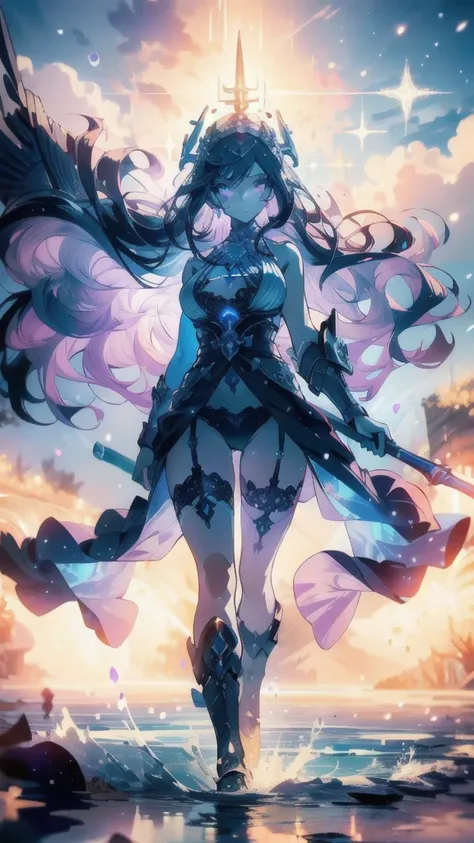 ((masterpiece, best quality)), Epic battlefield atmosphere，Delicate face，The goddess of the sea，Holding a staff，whole body，Standing picture，glowing purple eyes，Large Breasts，Gradient white long wavy hair，Perfect body proportions，Pure white background，Water...